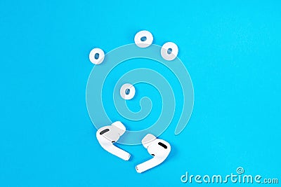 Rostov, Russia - July 06, 2020: wireless headphones Apple AirPods Pro, soft, flexible silicone tapered tips of different Editorial Stock Photo