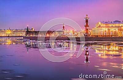 Rostral columns on the Strelka of Vasilyevsky Island Stock Photo