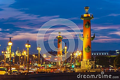 Rostral columns on Vasilyevsky island Spit Strelka at white night, St. Petersburg, Russia Editorial Stock Photo