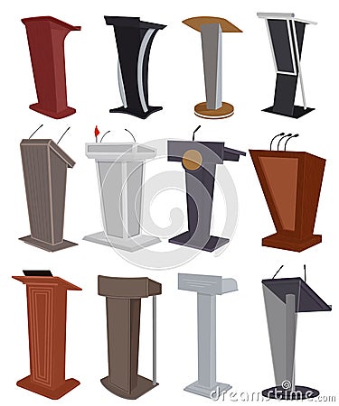 Rostrum vector podium presentation orator speech of speaker on conference illustration seminar communication set public Vector Illustration