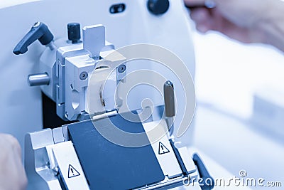 Rotary Microtome Section for diagnosis in pathology make microscope slide pathology Stock Photo