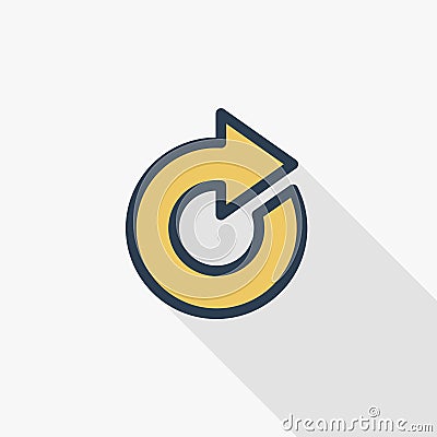 Rotate arrow, update thin line flat color icon. Linear vector symbol. Colorful long shadow design. Vector Illustration