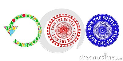 Spin the Bottle Distress Stamps and Rotate Ccw Mosaic of Christmas Symbols Vector Illustration