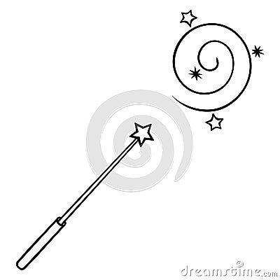 Rotate with a magic wand. A wand with a star on the end twists fairy dust into a spiral. Sketch Vector Illustration