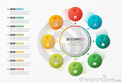 Rotating circle chart template, infographic design, visualization concept with with 8 options, steps, processes. Vector Illustration