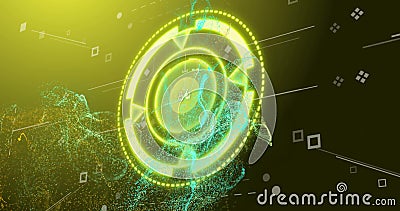 Rotating circular interface with glowing particles and digital data image Stock Photo