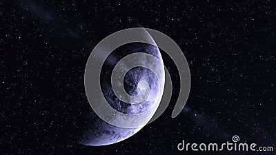 Rotating cold planet in space. Motion. 3D planet rotates on background of space and flow of particles. Planet rotates Stock Photo