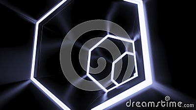 Rotating cyber tunnel with neon hexagonal lines. Design. Moving dark tunnel with reflection of neon lines on surface Stock Photo
