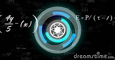Rotating geometric shapes and mathematical formulas, scientific data processing image Stock Photo