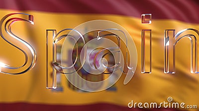 Rotating glass Spain caption against waving Spanish flag. 3D rendering Stock Photo