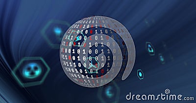 Rotating globe of binary code with hexagonal icons, digital data processing image Stock Photo