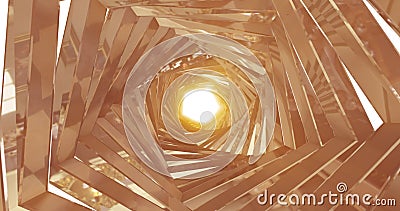 A rotating golden metal tunnel with walls made of ribs and lines in the form of pentagons with reflections of luminous sunbeams. Stock Photo