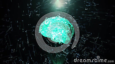A rotating hologram of the brain. Abstract geometric background with moving lines, dots and triangles. Science anatomy Stock Photo