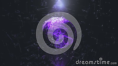 A rotating hologram of the brain. Abstract geometric background with moving lines, dots and triangles. Science anatomy Stock Photo
