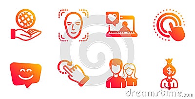 Rotation gesture, Smile face and Face detection icons set. Safe planet, Couple and Click hand signs. Vector Vector Illustration