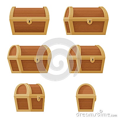 Rotation of an old wooden chest with a closed lid. Pirate treasure. Vintage trunk.Cartoon style illustration. Vector Illustration