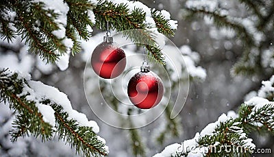 Rote Kugeln leuchten am Weihnachtsbaum im Schnee Stock Photo