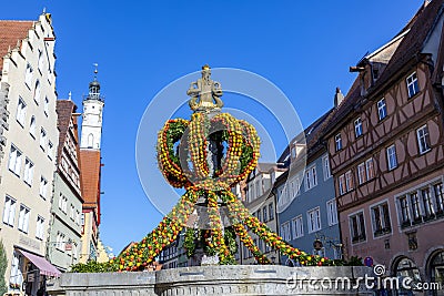 Colorful easter decoration at a fountain in Rothenburg ob der Tauber Editorial Stock Photo