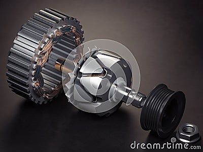 Rotor and stator of car alternator generator or electric motor on black background Cartoon Illustration