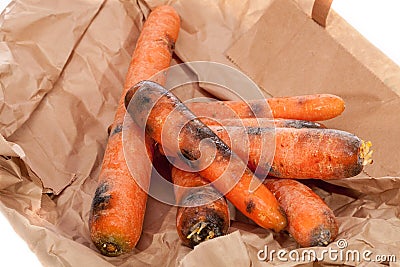 Rotten carrots. Wasted black and mouldy vegetables. Gone off foo Stock Photo