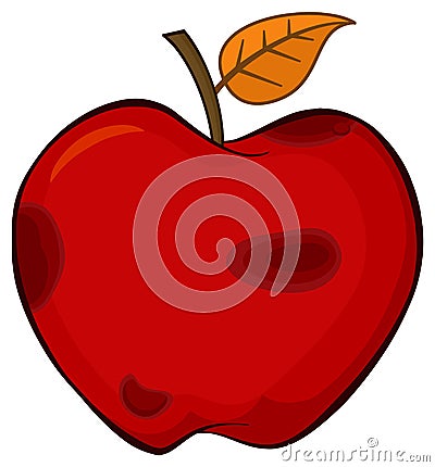 Rotten Red Apple Fruit With Leaf Cartoon Drawing Simple Design. Vector Illustration