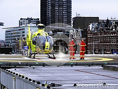 Rotterdam Air Ambulance Team on a Hospital Roof Editorial Stock Photo