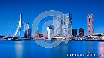 Rotterdam, Holland. View of the Erasmus Bridge and the city center. Panoramic view. Cityscape in the evening. Editorial Stock Photo