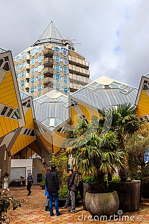 Yellow cube houses or Kubuswoningen in Dutch are a set of innovative houses designed by architect Piet Blom in Rotterdam Editorial Stock Photo