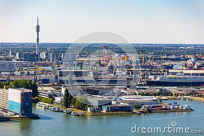 ROTTERDAM, NETHERLANDS - AUGUST 7, 2022: Aerial view of the largest port in Europe Editorial Stock Photo