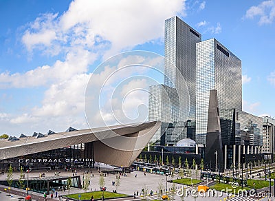 Rotterdam, Netherlands financial centre skyline, including the Central Station, which is an important transport hub with 110,000 Stock Photo