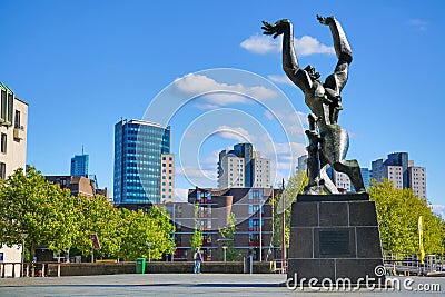 Rotterdam, The Netherlands - May, 2018: Bronze monument Destroyed City and war memorial created by renowned artist Ossip Zadkine. Editorial Stock Photo