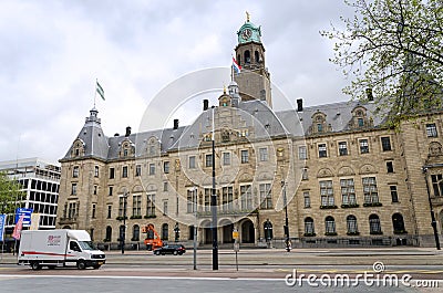 Rotterdam, Netherlands - May 9, 2015: People visit Town hall of Rotterdam Editorial Stock Photo