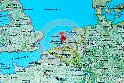 Rotterdam, Netherlands pinned on a map of Europe Stock Photo