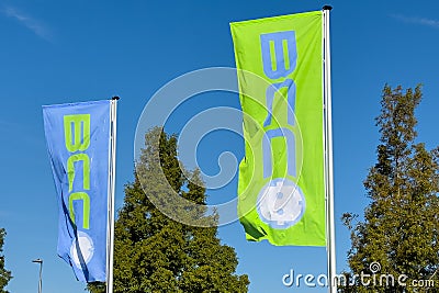 Rotterdam, The Netherlands - September 15, 2023: Flags of the store BCC, a Dutch retail chain that sells consumer electronics Editorial Stock Photo