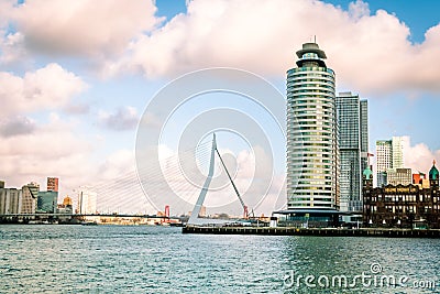 Rotterdam with the river the Maas and the erasmus bridge Editorial Stock Photo