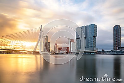 Rotterdam Skyline with Erasmusbrug bridge in morning ,Netherlands Editorial Stock Photo