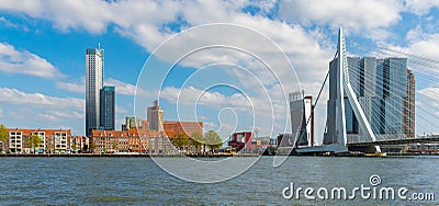 Rotterdam panorama with Erasmus bridge over the Meuse river and modern office buildings at Kop van Zuid, the Netherlands Holland Editorial Stock Photo