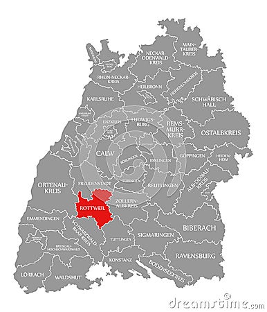 Rottweil county red highlighted in map of Baden Wuerttemberg Germany Cartoon Illustration