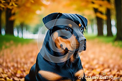 Rottweiler. Portrait of a beautiful Rottweiler dog playing in the park. Generative AI Stock Photo