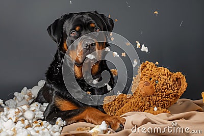 rottweiler with a torn teddy bear, stuffing littered Stock Photo