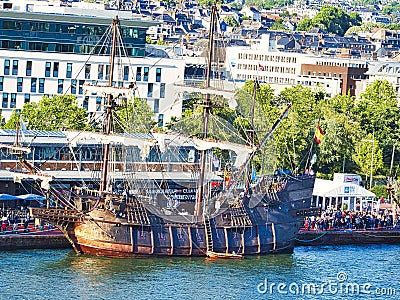 Aerial view of Armada exhibition sailboats at Rouen dock. International meeting for biggest old schooners and frigates in world Editorial Stock Photo