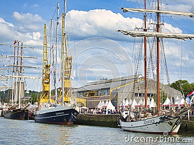 Aerial view of Armada exhibition sailboats at Rouen dock. International meeting for biggest old schooners and frigates in world Editorial Stock Photo