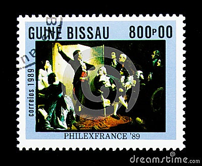 Rouget de Lisle singing the Marseillaise, Isidore Pils, Stamp Editorial Stock Photo