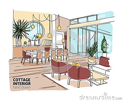 Rough colored drawing of house or summer cottage interior with comfortable furniture and home decorations. Hand drawn Vector Illustration