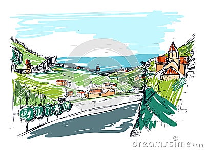 Rough draft of small Georgian town street, buildings and trees against mountains on background. Landscape with Vector Illustration