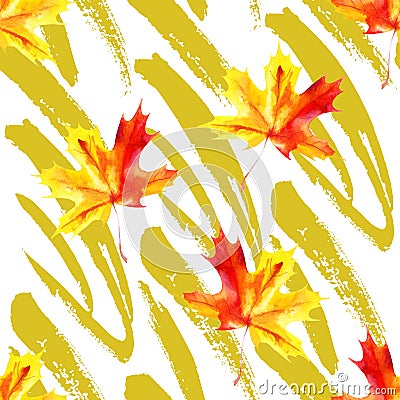 Rough grunge brushstrokes and watercolor maple leaves seamless pattern. Stock Photo