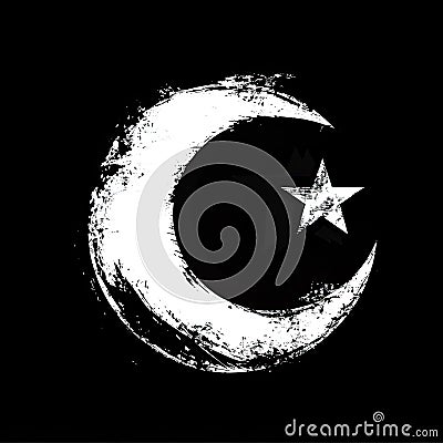Rough hand drawn white and black crescent moon with star symbol of Islam Stock Photo