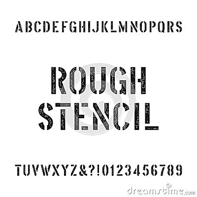 Rough stencil alphabet font. Scratched type letters and numbers. Vector Illustration