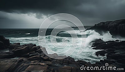 Rough surf crashes against rocky coastline under stormy sky generated by AI Stock Photo