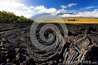 Rough surface of frozen lava after Mauna Loa volcano eruption on Big Island, Hawaii Stock Photo